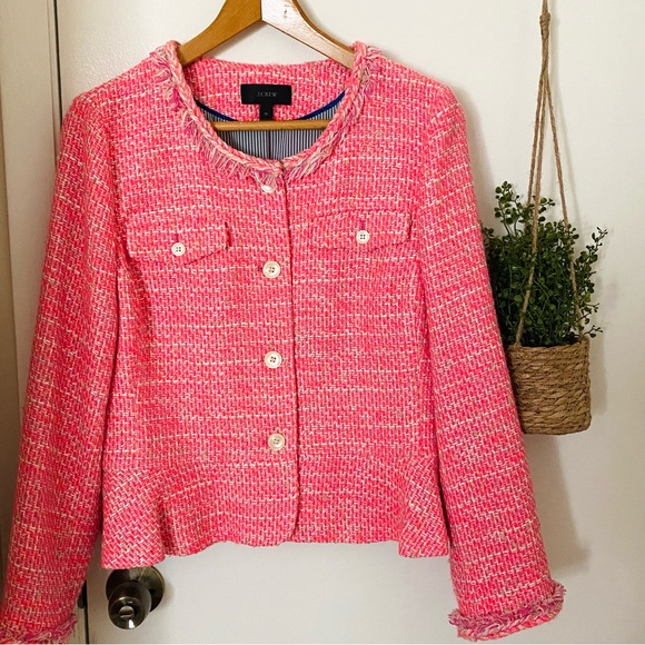 J. Crew Jackets & Blazers - J Crew Peplum Lady Tweed Boucle Jacket Blazer Barbie Pink Fringe Size 14 G1959